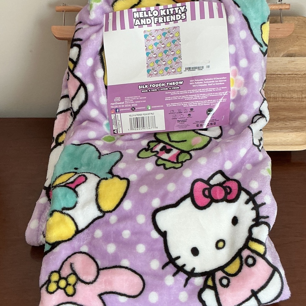 Hello Kitty Lavender and White Plush Throw Blanket- Soft and Cuddly- 50” x 70”
